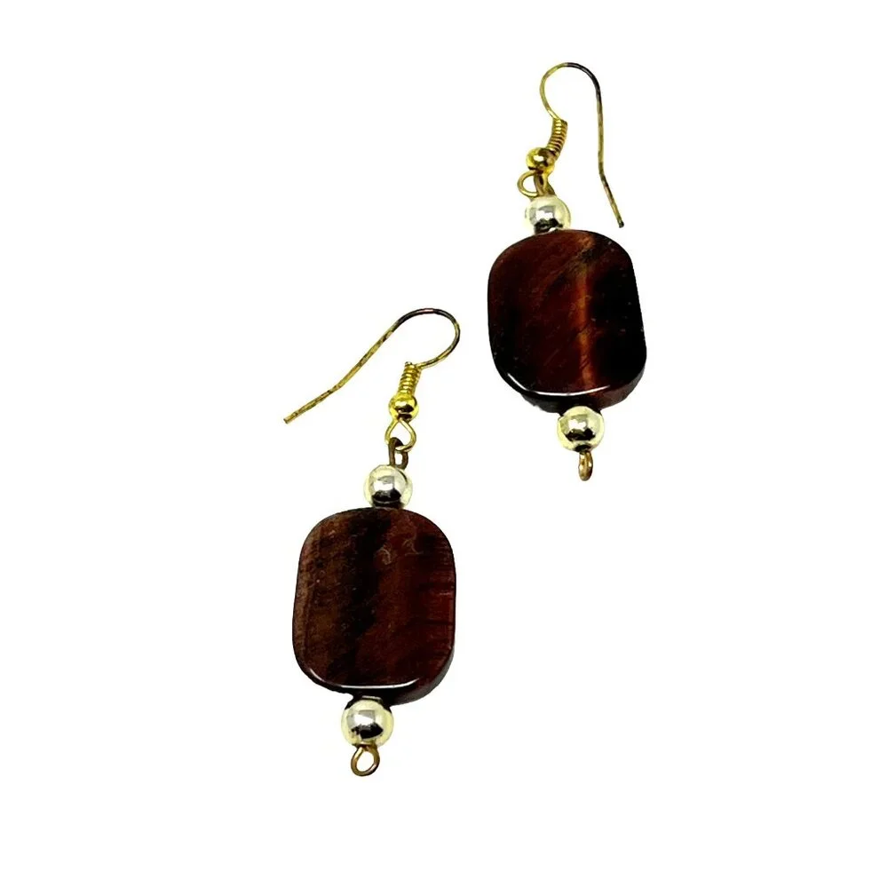 Faux Tiger Eye Drop Earrings Gold Tone‎ Wire Pierced 2 inches
